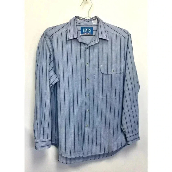Levi's Mens Blue Black Striped Long Sleeve Button Up Shirt Medium - Picture 1 of 11